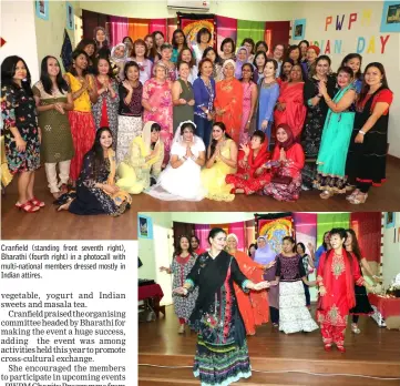  ??  ?? Cranfield (standing front seventh right), Bharathi (fourth right) in a photocall with multi-national members dressed mostly in Indian attires. Seema (front) leads the non-Indian members including Cranfield (second row – second left) in the ‘Four Corners of India’ game.