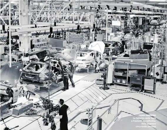  ??  ?? TEMPI MODERNI La fabbrica della Tesla a Fremont, in California, dove lavorano circa 6mila persone