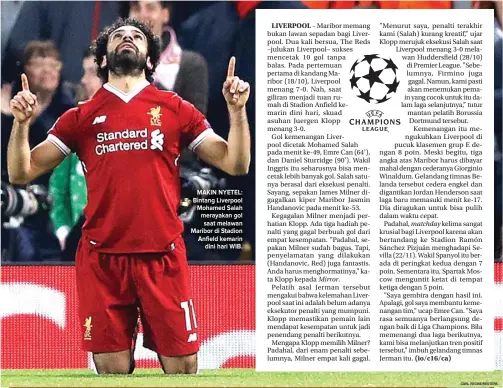  ?? CARL RECINE/REUTERS ?? MAKIN NYETEL: Bintang Liverpool Mohamed Salah merayakan gol saat melawan Maribor di Stadion Anfield kemarin dini hari WIB.