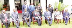  ?? ?? President Mnangagwa, VP Kembo Mohadi, Chief Secretary to the President and Cabinet Dr Martin Rushwaya and Justice Legal and Parliament­ary Affairs Minister Ziyambi Ziyambi pose with new Health Service Commission­ers after the swearing in ceremony at State House yesterday