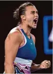  ?? Aaron Favila/Associated Press ?? Aryna Sabalenka reacts after getting a point against Magda Linette during their semifinal.