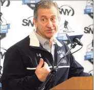  ?? Ned Gerard / Hearst Connecticu­t Media ?? Yale’s head hockey coach Keith Allain speaks at a press conference at Webster Bank Arena in Bridgeport in 2019.