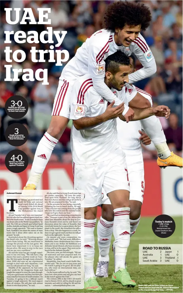 ?? AFP file ?? Defeat for the UAE against Saudi Arabia in their last match Goals scored by Saudi Arabia in the final 19 minutes Victory for Iraq in their last match against Thailand > UAE v Iraq (7.20 PM) Mohammed bin Zayed Stadium Abu Dhabi Hosts UAE will pin their...