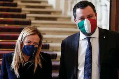  ??  ?? Brothers of Italy leader Giorgia Meloni and League party leader Matteo Salvini at the Quirinale Palace, Rome Photograph: Guglielmo Mangiapane/Reuters