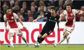  ??  ?? Christian Pulisic slips in between Hakim Ziyech and Joël Veltman of Ajax in his decisive substitute appearance. Photograph: Maurice van Steen/ANP/AFP via Getty Images