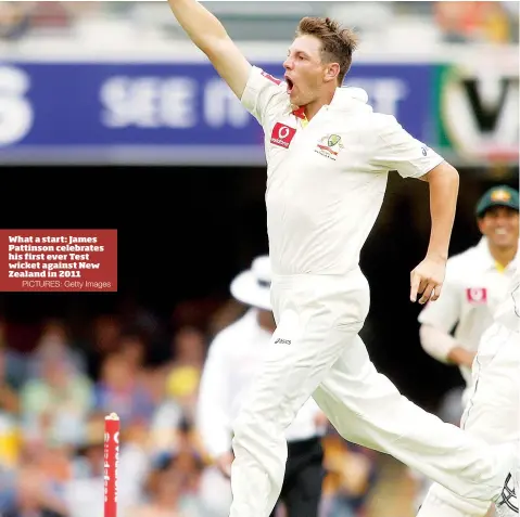  ?? PICTURES: Getty Images ?? What a start: James Pattinson celebrates his first ever Test wicket against New Zealand in 2011