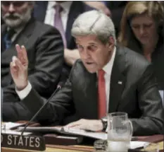  ?? JULIE JACOBSON — THE ASSOCIATED PRESS ?? U.S. Secretary of State John Kerry speaks during a Security Council meeting, Wednesday at U.N. headquarte­rs.