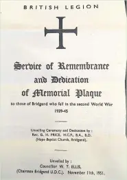  ??  ?? A leaflet from the Service of Remembranc­e