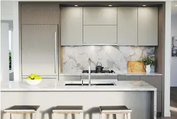  ??  ?? Kitchens come with a choice of colour palettes and polished Cambria quartz countertop­s with a waterfall edge.