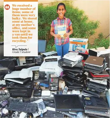  ??  ?? Riya Tulpule with her fourth batch of electronic waste including laptops, CPUs and printers. She has recycled 612kg with the help of EnviroServ­e, a Dubai-based electrical goods recycler.