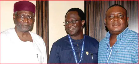  ?? Godwin Omoigui ?? L-R: Chief of Staff to the President, Abba Kyari; President, Nigeria Labour Congress (NLC), Mr. Ayuba Wabba; and First Deputy President, Trade Union Congress (TUC), Olusola Salako, shortly after the meeting with the Chief of Staff at the Presidenti­al Villa in Abuja ... yesterday