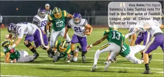  ?? Cory Rubin/The Signal ?? Valencia’s Jake Santos runs the ball in the first week of Foothill League play at Canyon High School on Friday.