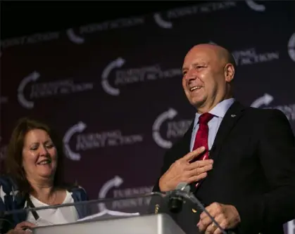  ?? Maddie McGarvey/The New York Times ?? Pennsylvan­ia Republican gubernator­ial candidate Doug Mastriano speaks at the Unite and Win Rally at the Wyndham Hotel, Downtown, on Aug. 19.