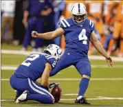 ?? AP FILE ?? The Colts will bring back 45-year-old kicker Adam Vinatieri for the 2018 season. Vinatieri ranks second in league history with 2,487 career points.