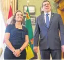  ?? BRANDON HARDER/ POSTMEDIA NEWS ?? Canada’s Deputy Prime Minister Chrystia Freeland meets with Saskatchew­an Premier Scott Moe in the premier’s office in Regina Tuesday.