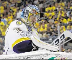  ?? GETTY IMAGES ?? Predators goaltender Pekka Rinne went 37 minutes of playing time without facing a shot on net but allowed the go-ahead goal late in Monday night’s Game 1.