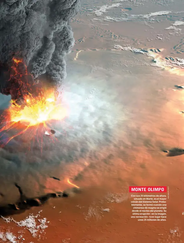  ??  ?? Con sus 25 kilómetros de altura, situado en Marte, es el mayor volcán del Sistema Solar. Probableme­nte, se formó cuando una chimenea de magma se erigió desde el núcleo del planeta. Su última erupción –en la imagen, una recreación– tuvo lugar hace unos 25 millones de años.