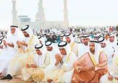  ?? WAM ?? Shaikh Saud Bin Saqr Al Qasimi of Ras Al Khaimah and Crown Prince Shaikh Mohammad Bin Saud Bin Saqr Al Qasimi offer prayers at the Grand Eid Musallah in Khuzam.