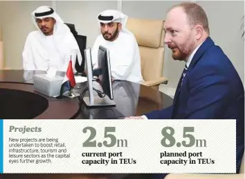  ?? Ahmed Kutty/Gulf News ?? Abdullah Al Hameli (centre), CEO at Abu Dhabi Terminals, and Ross Thompson (right), with an unidentifi­ed executive at the media round-table to learn more about the expansion plans at Khalifa Port. The port capacity will be increased in the next five...