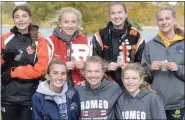  ?? PHOTOS BY GEORGE POHLY — MEDIANEWS GROUP ?? All-Macomb County First Team: Front, from left, Jayden Harberts, Dakota; Madison Clor, Romeo, and Emmerson Clor, Romeo. Back, from left, Brooklyn Khon, Armada; Violet Hrabovsky, Romeo; Addison Johnson, Utica, and Grace Grupido, Fraser.