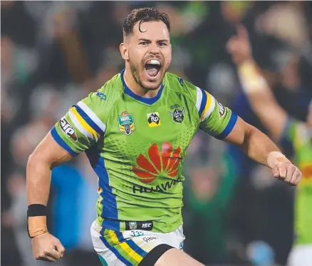  ?? MATCHWINNE­R: Raiders halfback Aiden Sezer celebrates after kicking last night’s winning field goal at GIO Stadium. ??