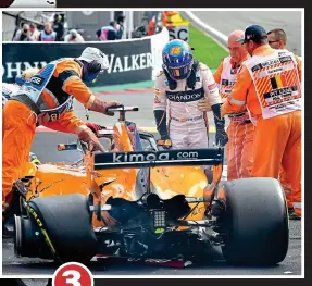  ??  ?? Safe and sound: Alonso is helped out of his damaged car after landing the right way up. Luckily he was unhurt, while Leclerc also escaped without a scratch 3