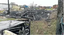  ?? Picture: AMIR CHETTY ?? BURNT-OUT SHELL: The remains of the shack where three adults and two children died in a fire at the weekend