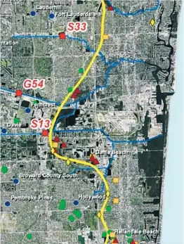  ?? SOUTH FLORIDA WATER MANAGEMENT DISTRICT/COURTESY ?? The saltwater intrusion line, in yellow, shows just how far ocean water, seeping inland undergroun­d, already threatens to contaminat­e Broward County’s drinking water supply. Sea-level rise could push it further inland. In the graphic above, the dark...