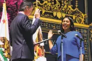 ?? Gabrielle Lurie / The Chronicle ?? Mayor London Breed takes the oath of office in July as the city’s first female African American mayor.