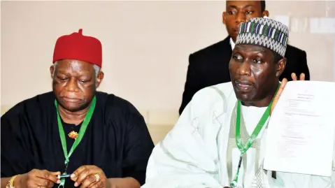  ?? PHOTO: IKECHUKWU IBE ?? Co- Chairmen retired Gen. Ike Nwachukwu (left) with Mohammed Kumalia, during the committee on political restructur­ing and forms of government meeting at the National Conference in Abuja yesterday.