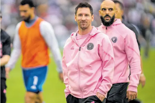  ?? AP ?? Inter Miami’s Lionel Messi (second right) looks on after the first half of the friendly football match between Hong Kong Team and US Inter Miami CF at the Hong Kong Stadium in Hong Kong on Sunday, February 4, 2024.