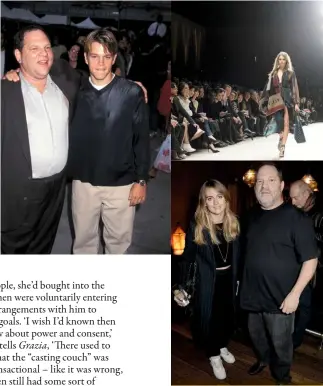  ??  ?? Clockwise from left: Weinstein with his wife, Georgina Chapman; with Matt Damon; watching Cara Delevingne from the FROW; with Cressida Bonas