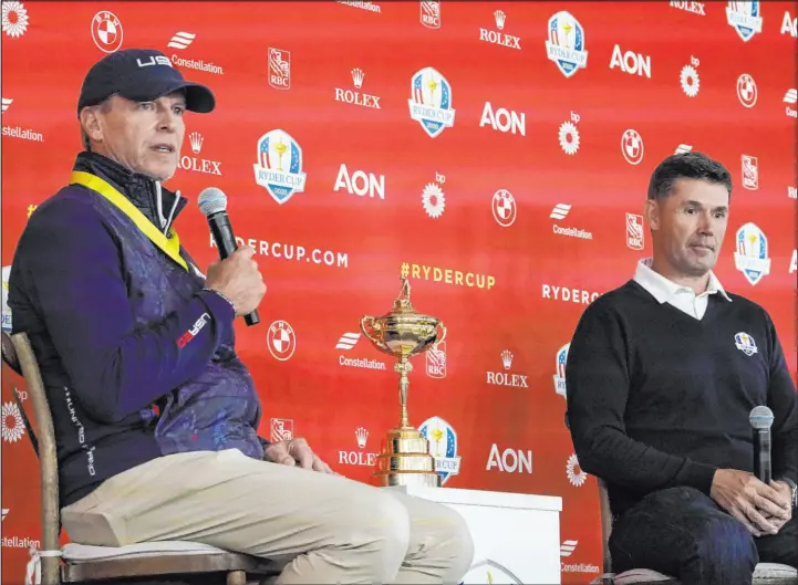  ?? Morry Gash The Associated Press ?? Captains Steve Stricker of the United States, left, and Padraig Harrington of Europe answer questions Monday heading into the Ryder Cup at Whistling Straits in Sheboygan, Wis.