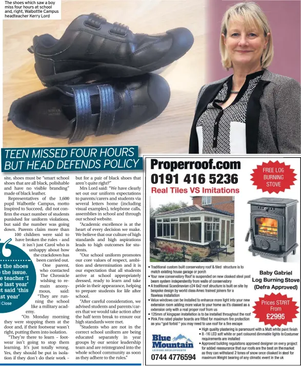  ??  ?? The shoes which saw a boy miss four hours at school and, right, Walbottle Campus headteache­r Kerry Lord