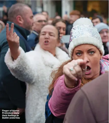  ?? ?? Finger of blame: Protesters show their feelings in Dublin yesterday