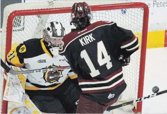  ?? CLIFFORD SKARSTEDT EXAMINER ?? Peterborou­gh Petes’ Liam Kirk deflects the puck shy of Hamilton Bulldogs goalie Zachary Roy during second period OHL action on Nov. 10 at the Memorial Centre.