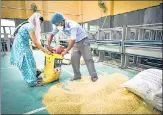  ?? SANCHIT KHANNA/HT PHOTO ?? A woman collecting free food grain at a school in Jahangirpu­ri, New Delhi, on Tuesday.