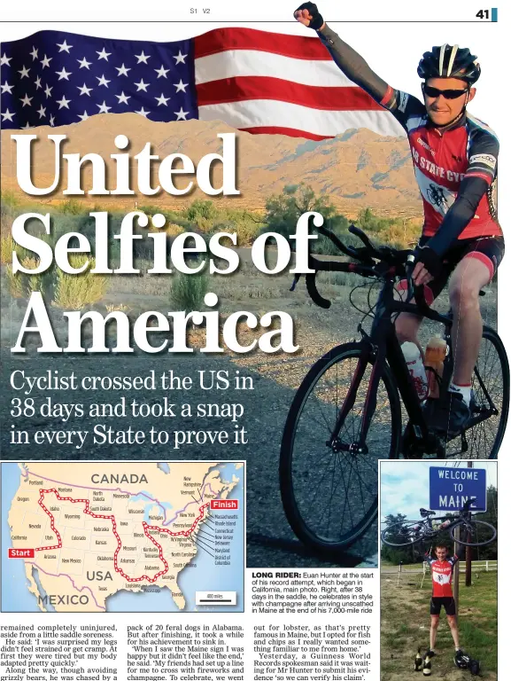  ??  ?? LONG RIDER: Euan Hunter at the start of his record attempt, which began in California, main photo. Right, after 38 days in the saddle, he celebrates in style with champagne after arriving unscathed in Maine at the end of his 7,000-mile ride