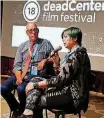  ??  ?? ABOVE: Lance McDaniel, deadCenter Film Festival executive director, and Kim Voynar, 2018 Oklahoma Film Icon, talk June 8 during her presentati­on as part of deadCenter at the 21c Museum.