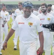  ?? AFP ?? Sri Lanka captain Rangana Herath after leading his team to victory in the opening Test against Bangladesh in Galle on Saturday.