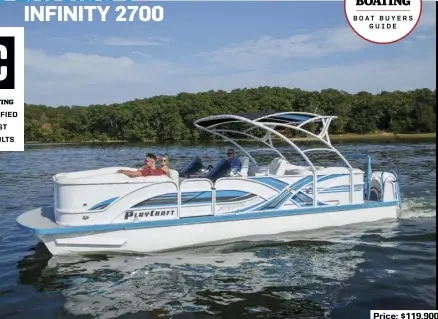  ??  ?? Price: $119,900
SPECS: LOA: 27'5 BEAM: 8'6" DRAFT: NA DRY WEIGHT: 2,750 lb. SEAT/WEIGHT CAPACITY: 15/3,000 lb. FUEL CAPACITY: 50 gal.
HOW WE TESTED: ENGINE: Mercury 400 Verado FourStroke 400 hp DRIVE/PROP: Outboard/Mercury Enertia 14.7" x 16" 3-blade stainless steel GEAR RATIO: 1.75:1 FUEL LOAD: 50 gal. CREW WEIGHT: 425 lb.