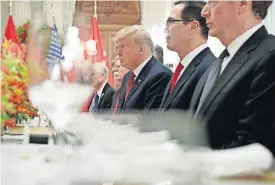  ?? [AP PHOTO] ?? President Donald Trump, center, and Treasury Secretary Steve Mnuchin, second from the right, listen to remarks by China’s President Xi Jinping during a bilateral meeting Saturday at the G20 Summit in Buenos Aires, Argentina.