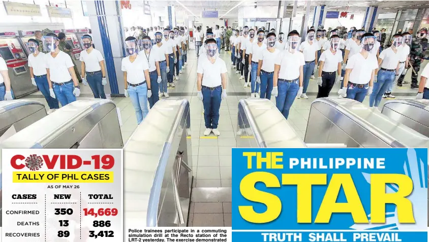  ?? KRIZJOHN ROSALES ?? Police trainees participat­e in a commuting simulation drill at the Recto station of the LRT-2 yesterday. The exercise demonstrat­ed the proper physical distancing outside the station, at the ticket turnstiles, train platforms and inside the coaches. Related story on Page 9.