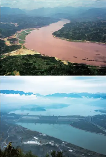  ??  ?? Combo photo shows the site of the Three Gorges project (top) in 1993, and the Three Gorges Dam in Hubei Province on November 1