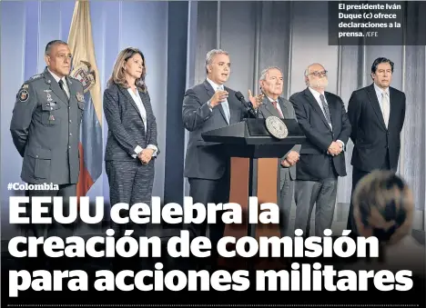  ?? /EFE ?? El presidente Iván Duque (c) ofrece declaracio­nes a la prensa.