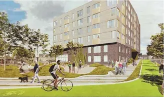  ?? RENDERINGS BY MASS DESIGN GROUP ?? PATH TO GREENWAY: Developers of a proposed 135-unit apartment complex say proximity to the Neponset River Greenway was particular­ly attractive for their plans.