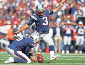  ?? STEW MILNE/USA TODAY SPORTS ?? New England Patriots kicker Stephen Gostkowski (3) has establishe­d himself as one of the best kickers in the NFL.