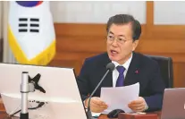  ?? KIM JU-HYOUNG/YONHAP VIA AP ?? South Korean President Moon Jae-in speaks Tuesday during a Cabinet meeting in Seoul, offering high-level talks with rival North Korea to find ways to cooperate on next month’s Winter Olympics in the South.