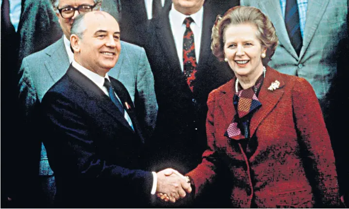  ?? ?? Clockwise from main image, Mikhail Gorbachev meets Margaret Thatcher in December 1984; with Raisa, his wife of 46 years, in 1992; with Vladimir Putin at talks in Germany in December 2004; and at the historic summit in 1986 in Reykjavik, Iceland, with former US president Ronald Reagan