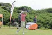  ?? Picture: SUNSHINE SENIOR TOUR ?? CHASING HARD: Keith Horne tees off during the second round of the Sunshine Senior Tour’s Nelson Mandela Bay Classic at the Humewood Golf Club yesterday. Horne will go into the final round today five shots behind leader Adilson da Silva